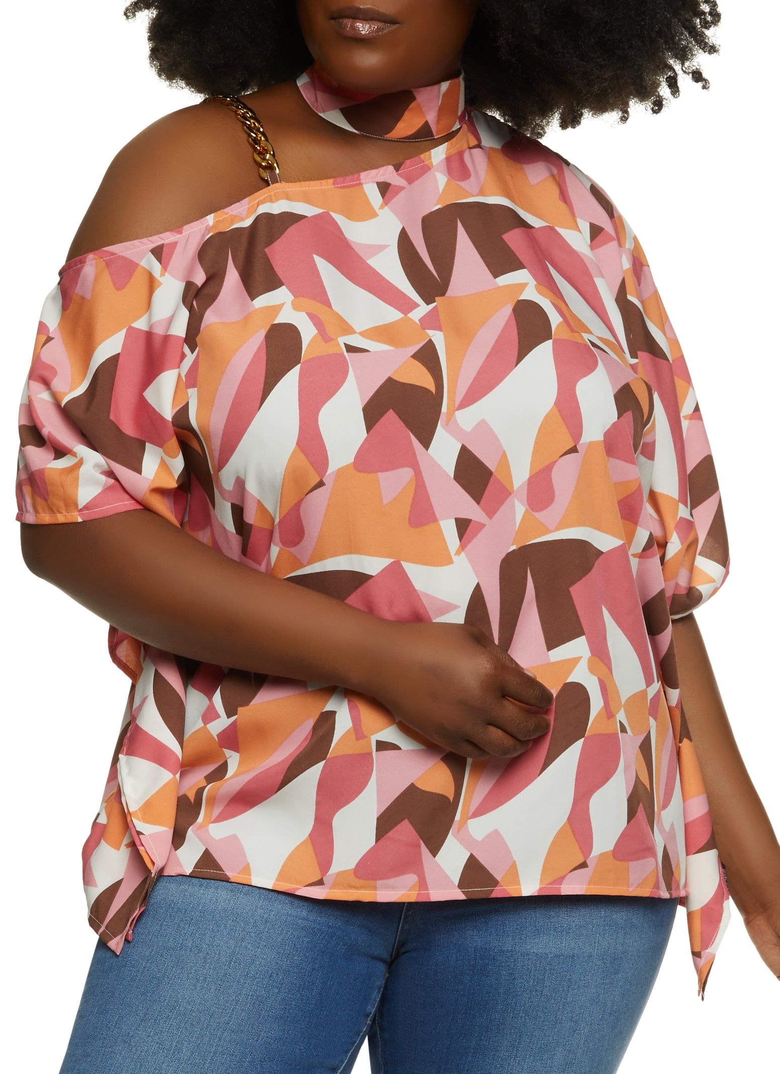Plus Size Printed One Shoulder Chain Strap Blouse sold by Rainbow