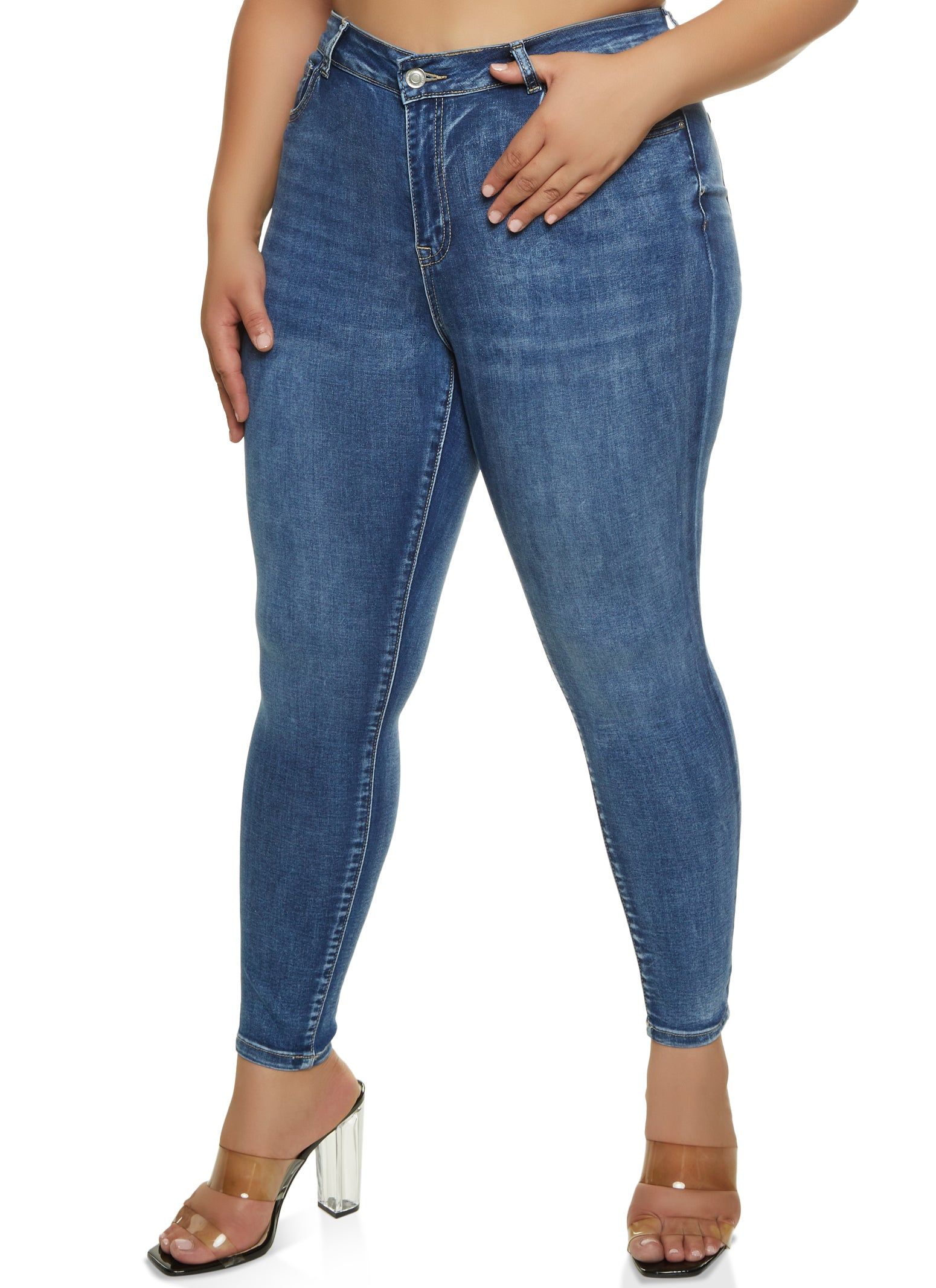 Plus Size WAX High Rise Whiskered Skinny Jeans sold by Rainbow