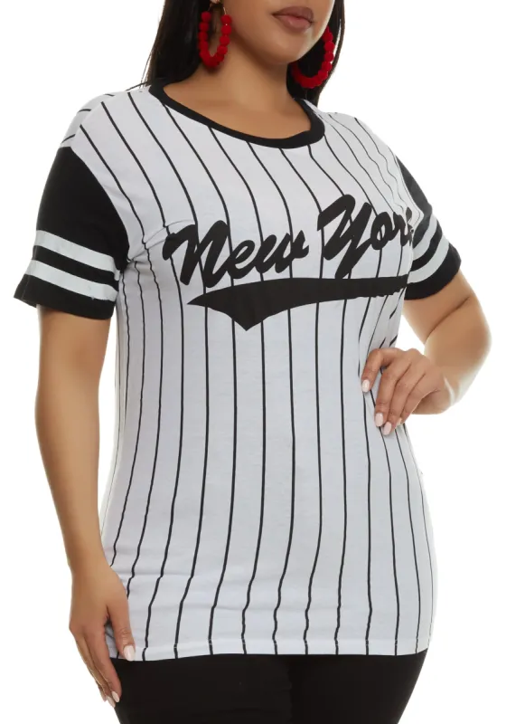 Plus Size New York Pinstripe Baseball T Shirt sold by Rainbow