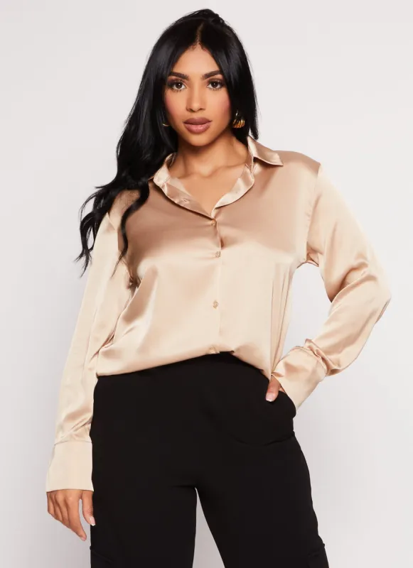 Satin Button Front Long Sleeve Shirt sold by Rainbow