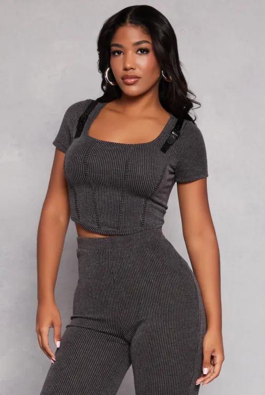 Ribbed Knit Buckle Strap Detail Corset Tee sold by Rainbow