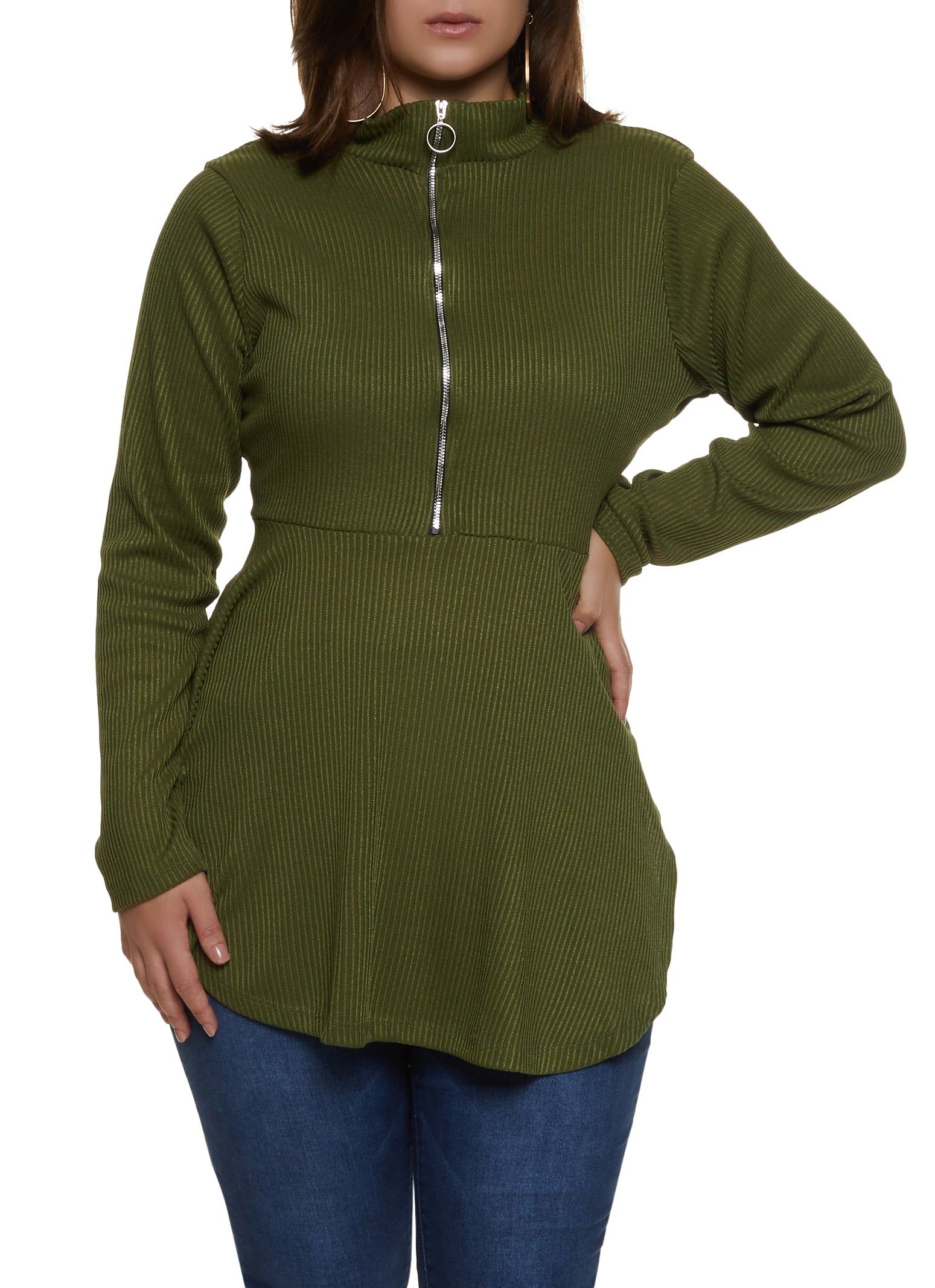 Plus Size Half Zip Hanky Hem Top sold by Rainbow