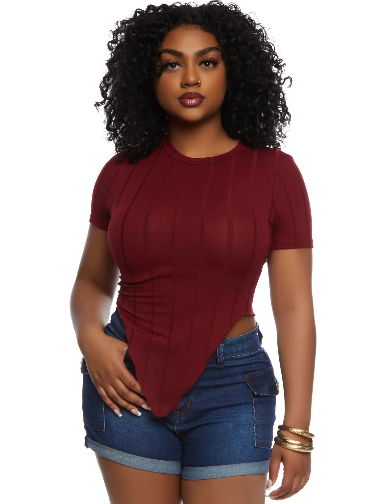 Ribbed Crew Neck Hanky Hem Tee sold by Rainbow