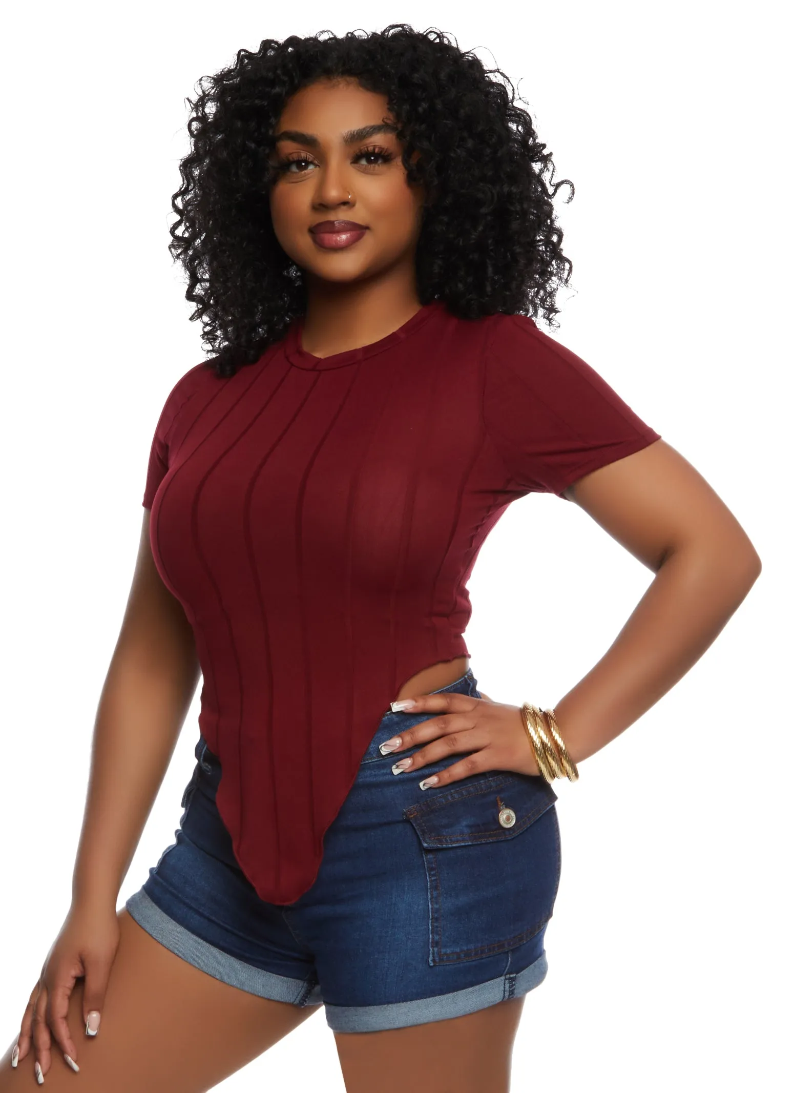 Ribbed Crew Neck Hanky Hem Tee sold by Rainbow product image thumbnail 2