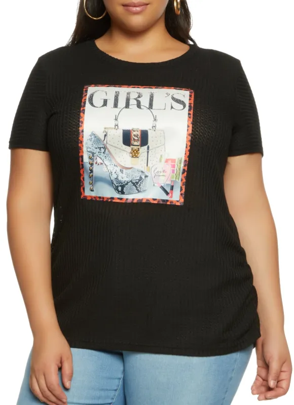 Plus Size Waffle Knit Studded Graphic Patch Top sold by Rainbow