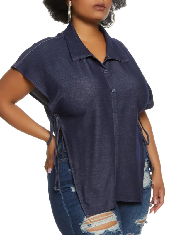 Plus Size Denim Knit Open Side Tie Shirt sold by Rainbow