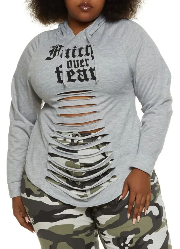 Plus Size Faith Over Fear Laser Cut Graphic Hoodie sold by Rainbow