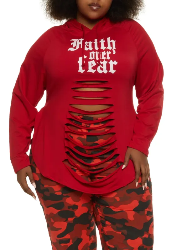 Plus Size Faith Over Fear Laser Cut Graphic Hoodie sold by Rainbow