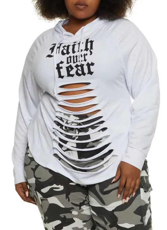 Plus Size Faith Over Fear Laser Cut Graphic Hoodie sold by Rainbow