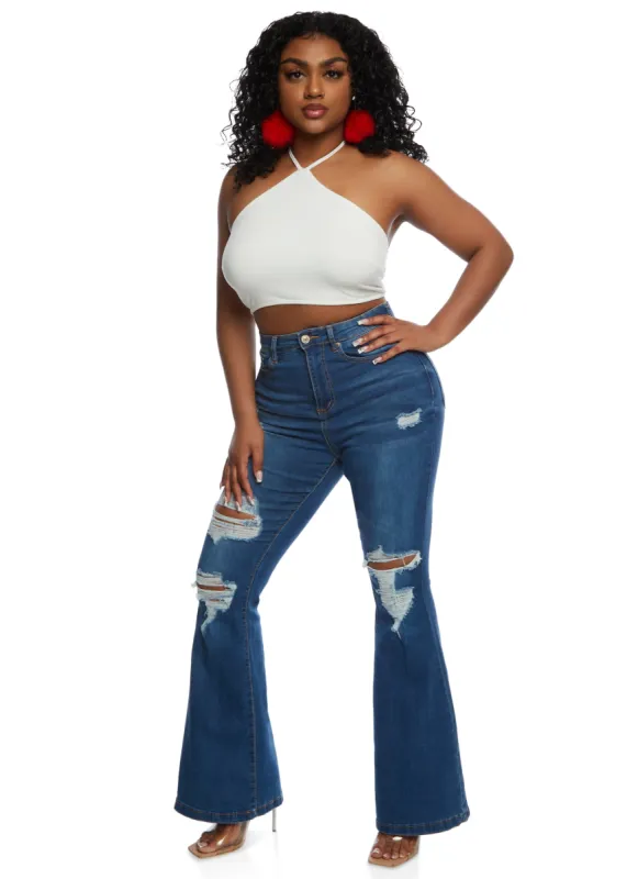 WAX High Waisted Distressed Flare Jeans sold by Rainbow