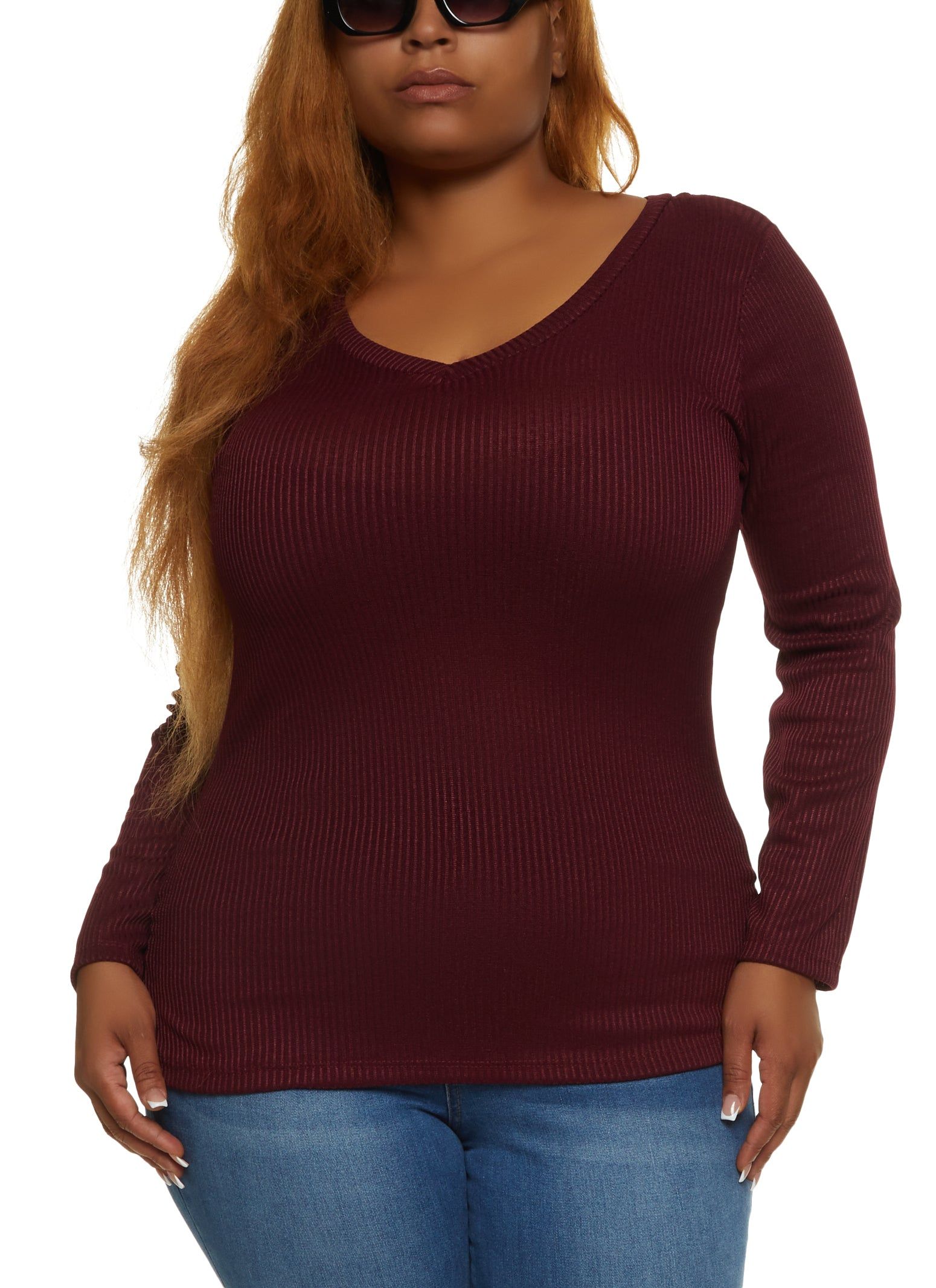 Plus Size Solid Ribbed Knit Long Sleeve Top sold by Rainbow