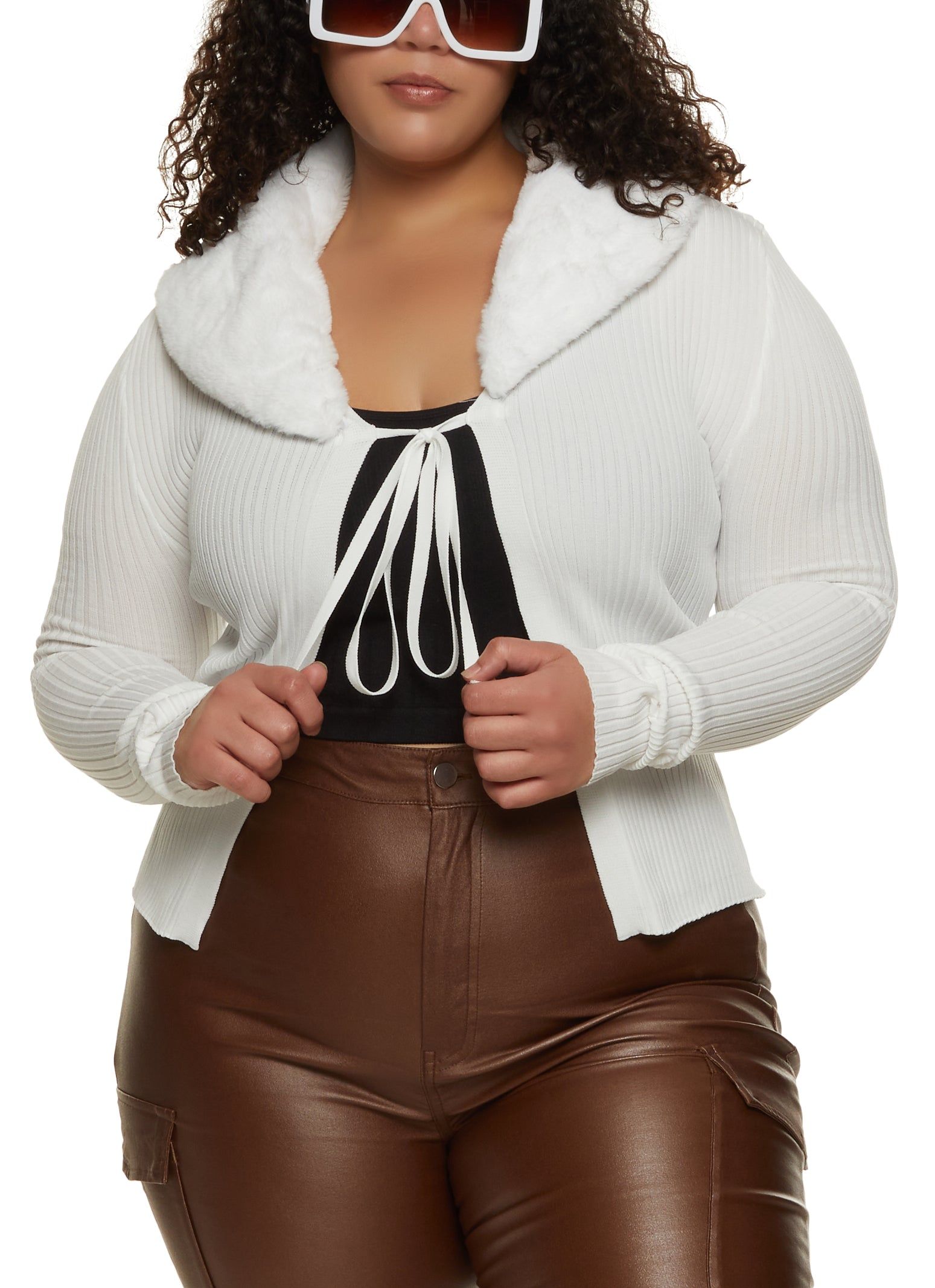 Plus Size Faux Fur Collar Tie Front Cardigan sold by Rainbow