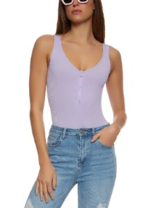 Rib Knit Half Zip Scoop Neck Sleeveless Bodysuit sold by Rainbow