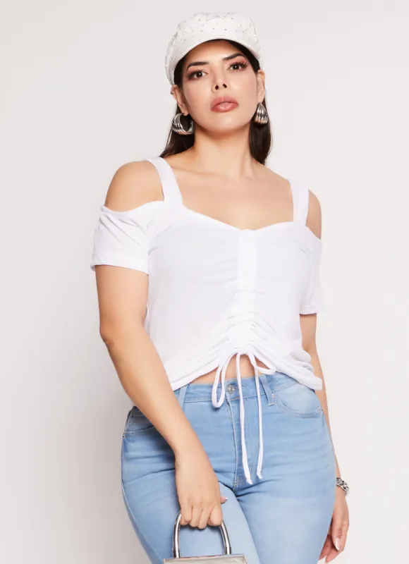 Plus Size Ribbed Knit Ruched Cold Shoulder Top sold by Rainbow