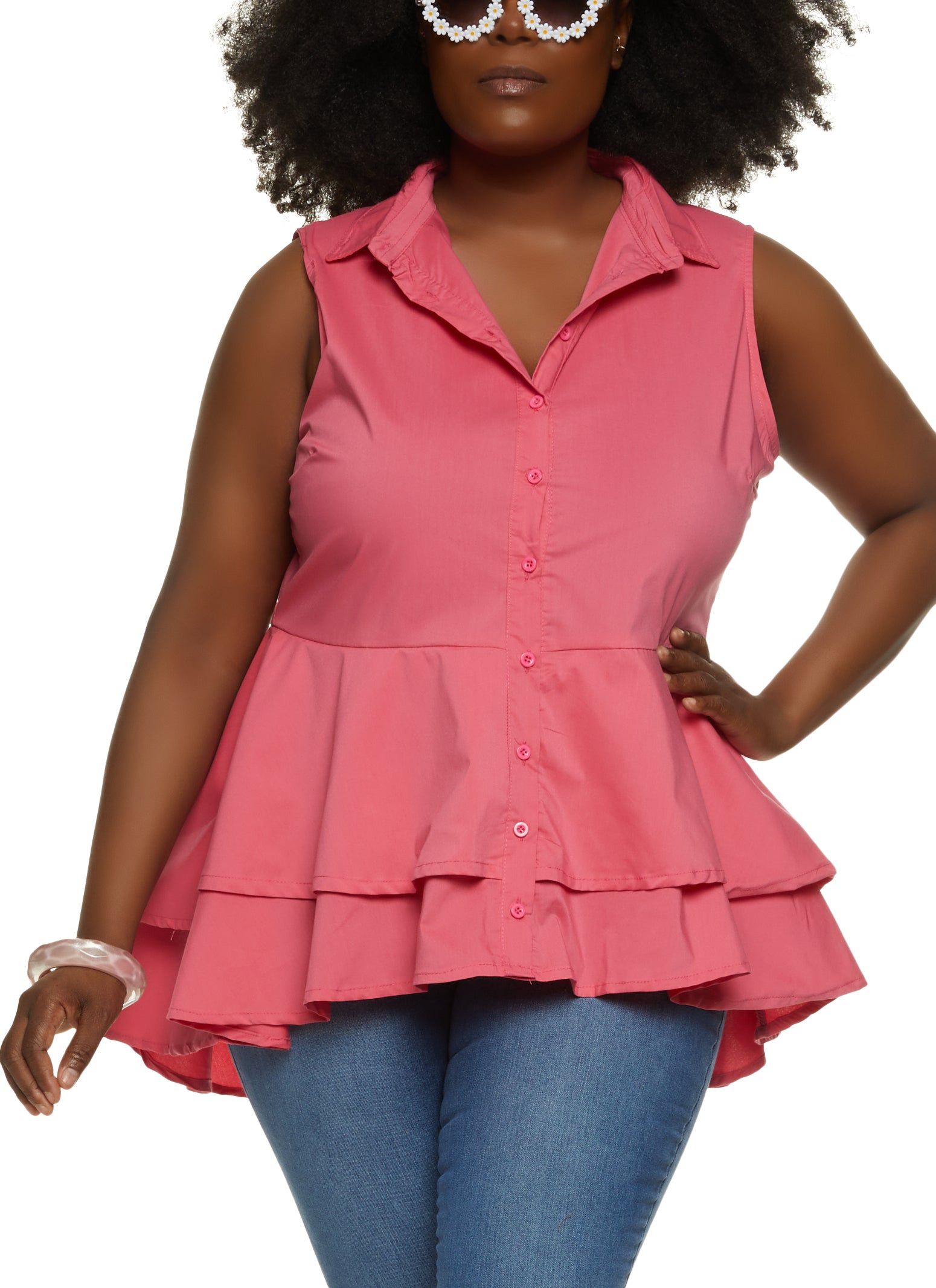 Plus Size Button Front Flounce Hem Blouse sold by Rainbow