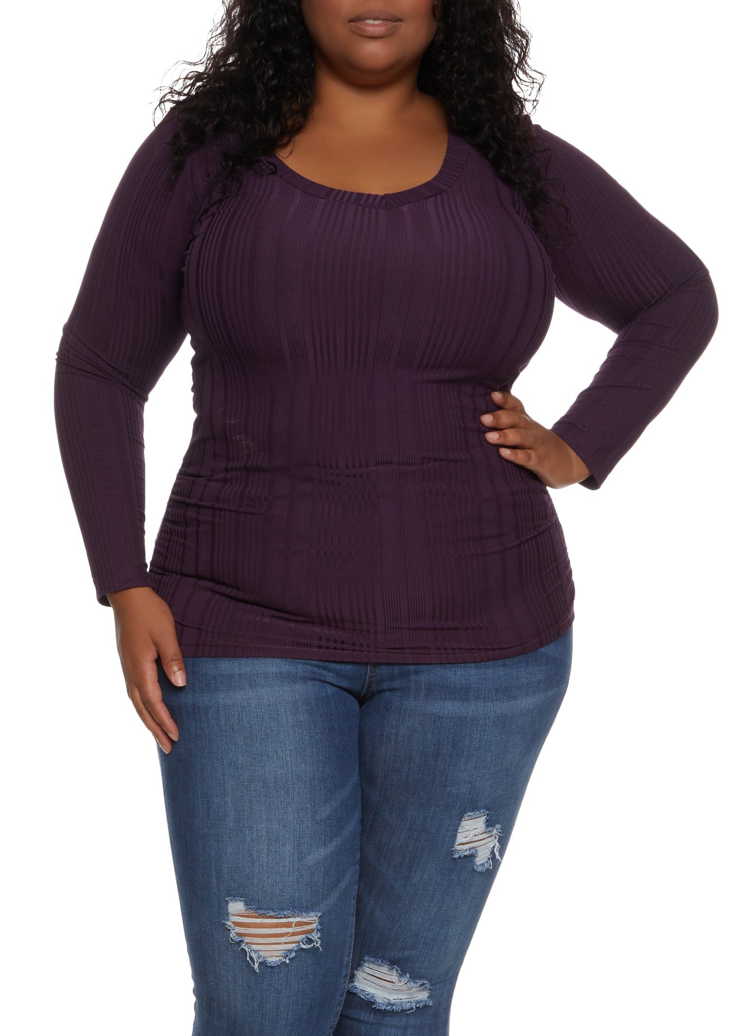Plus Size Ribbed Knit Long Sleeve Ruched Top sold by Rainbow
