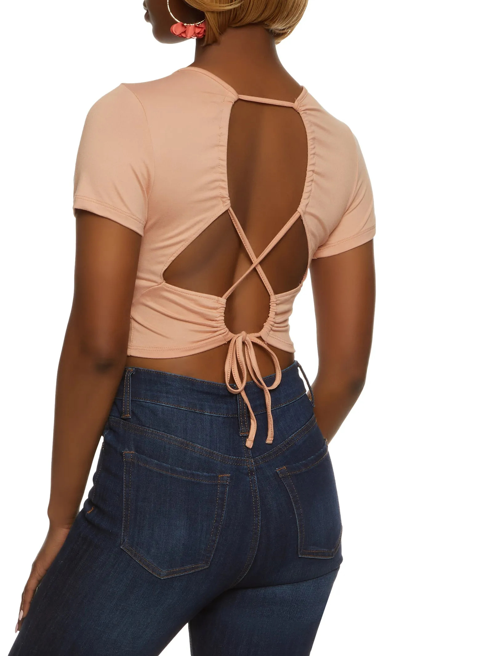 Solid Open Lace Up Back Crop Top sold by Rainbow product image thumbnail 2