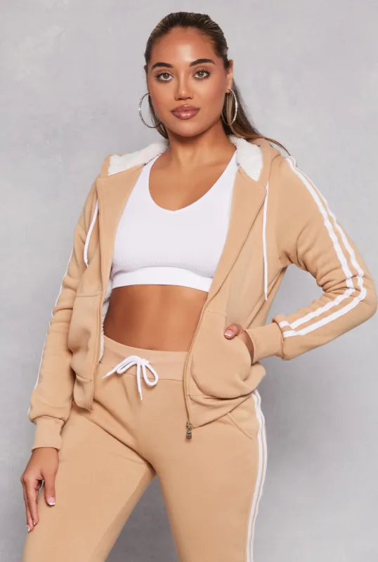 Varsity Stripe Zip Front Sherpa Lined Hoodie sold by Rainbow