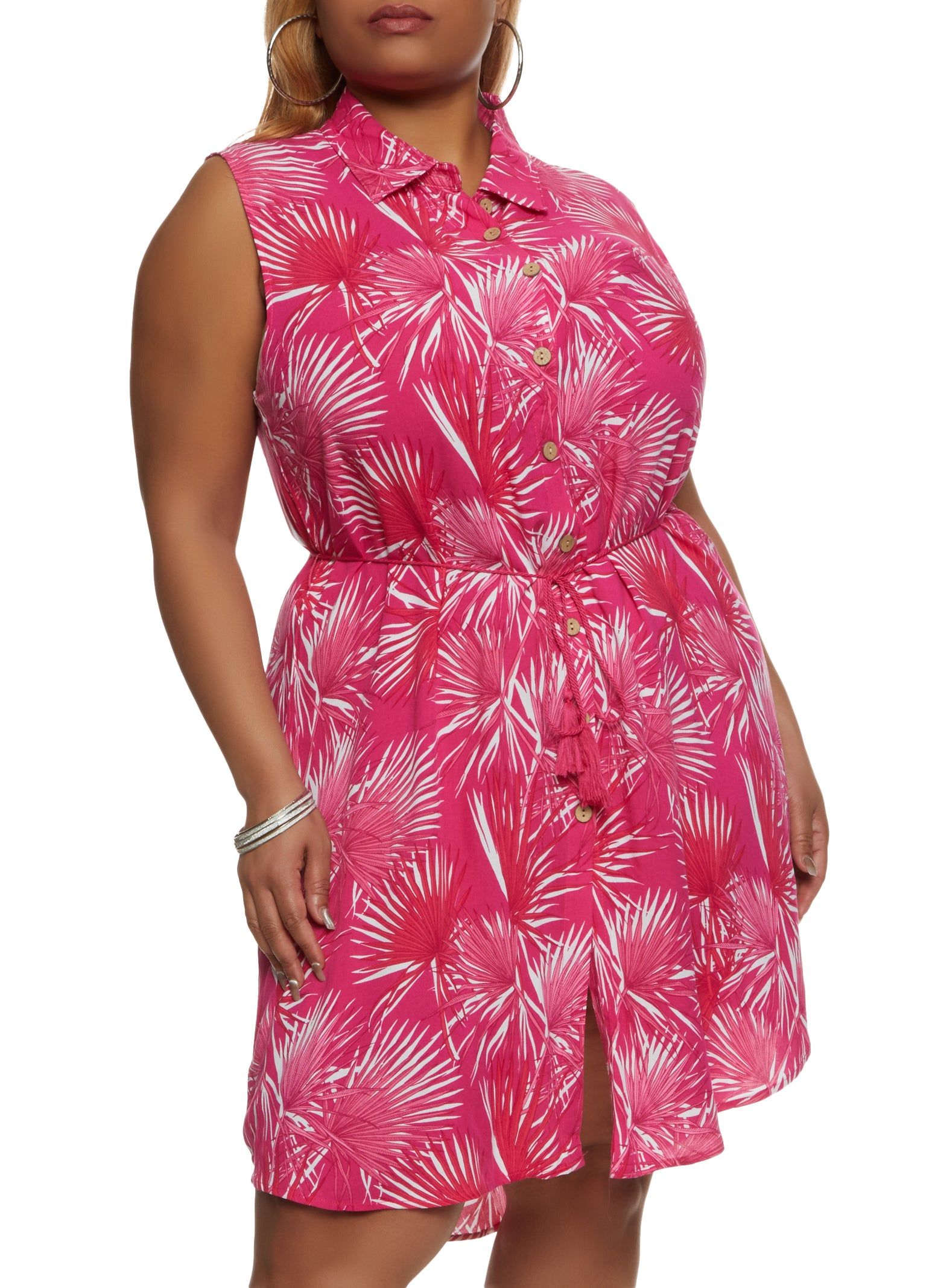 Plus Size Sleeveless Palm Printed Button Front Shirt Dress sold by Rainbow