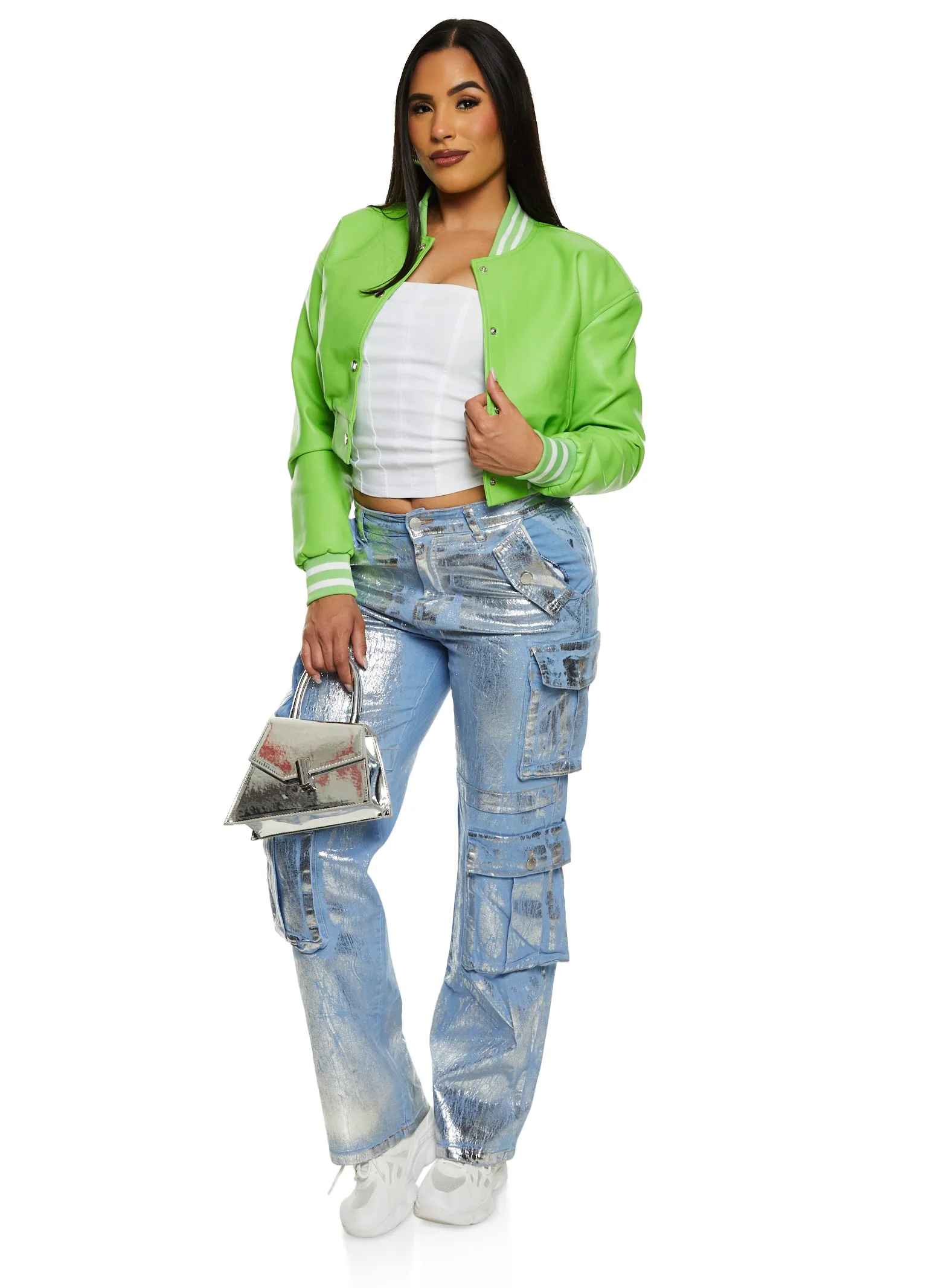 Daisy Faux Leather Cropped Bomber Jacket sold by Rainbow product image thumbnail 2