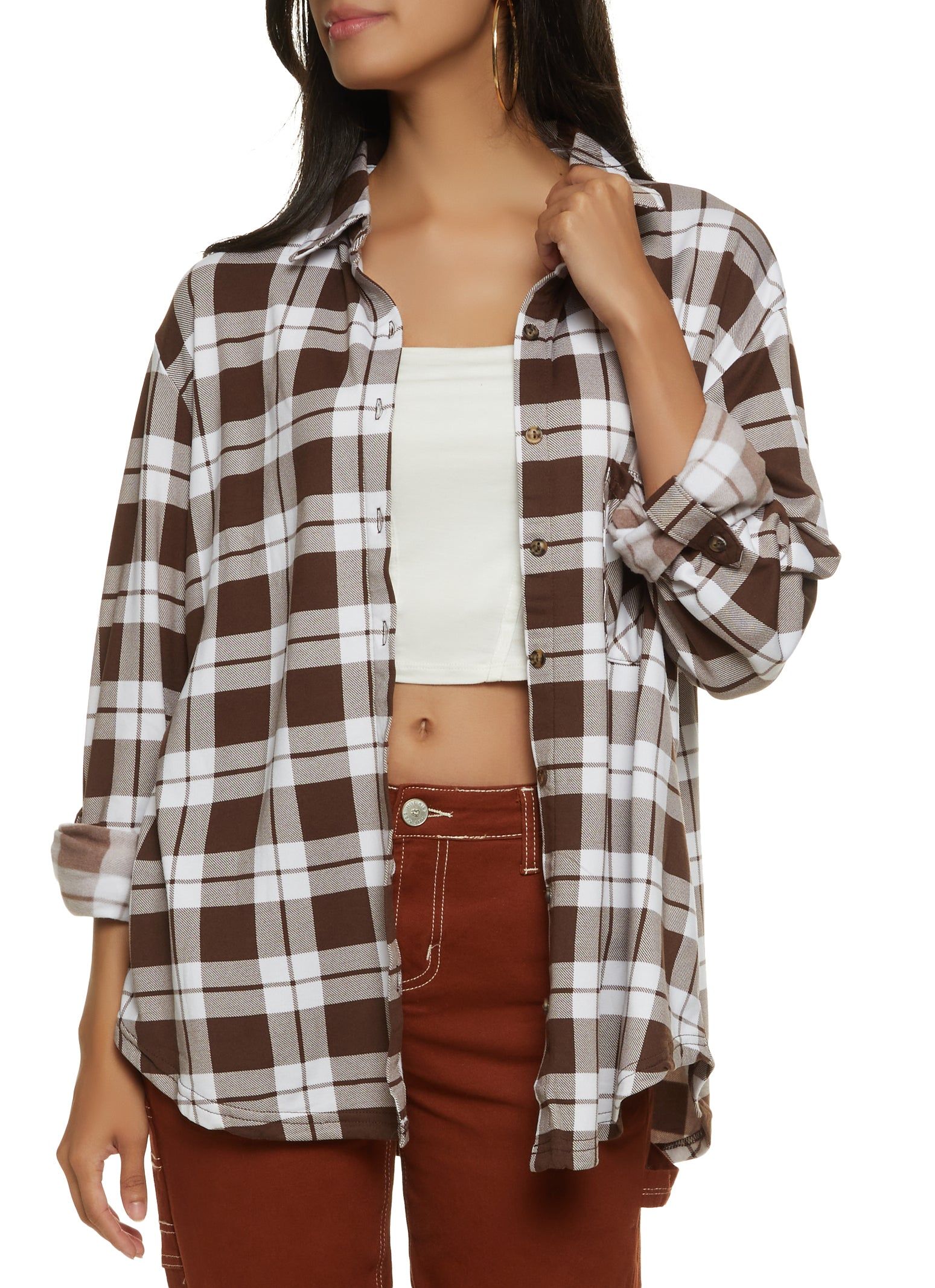 Plaid Button Front Tabbed Sleeve Shirt sold by Rainbow