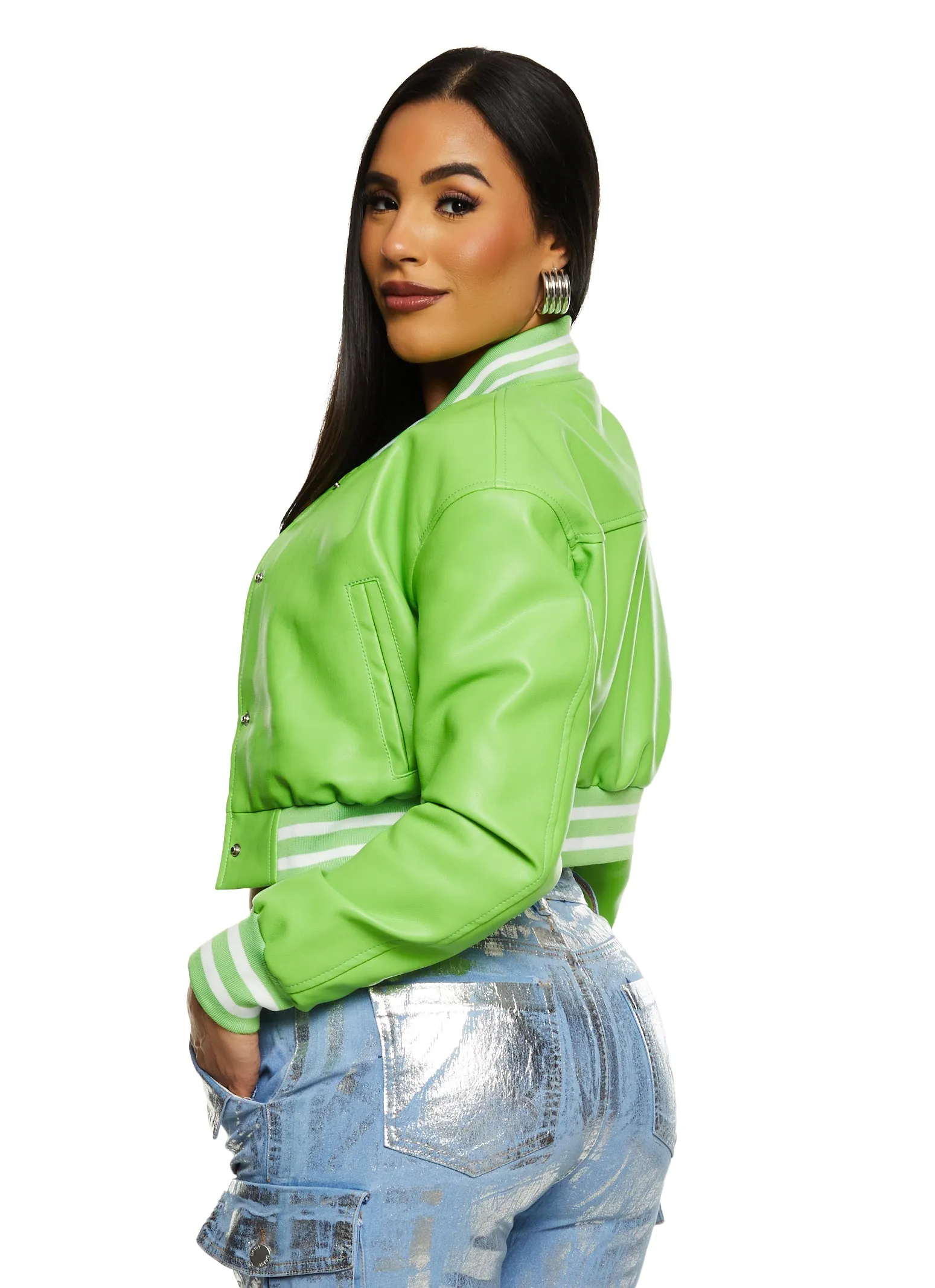 Daisy Faux Leather Cropped Bomber Jacket sold by Rainbow product image thumbnail 3