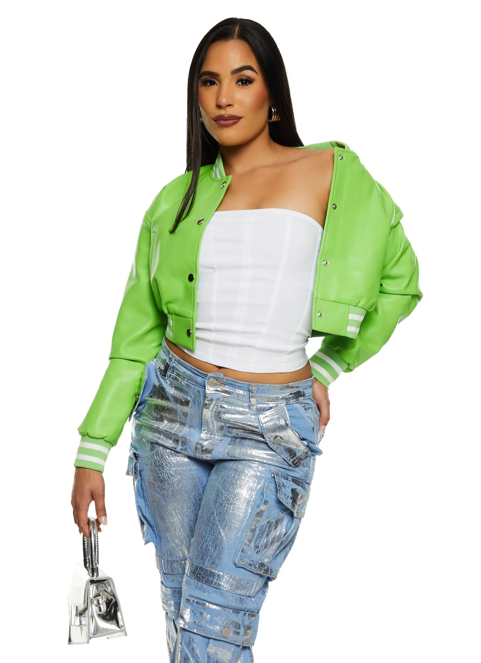 Daisy Faux Leather Cropped Bomber Jacket sold by Rainbow