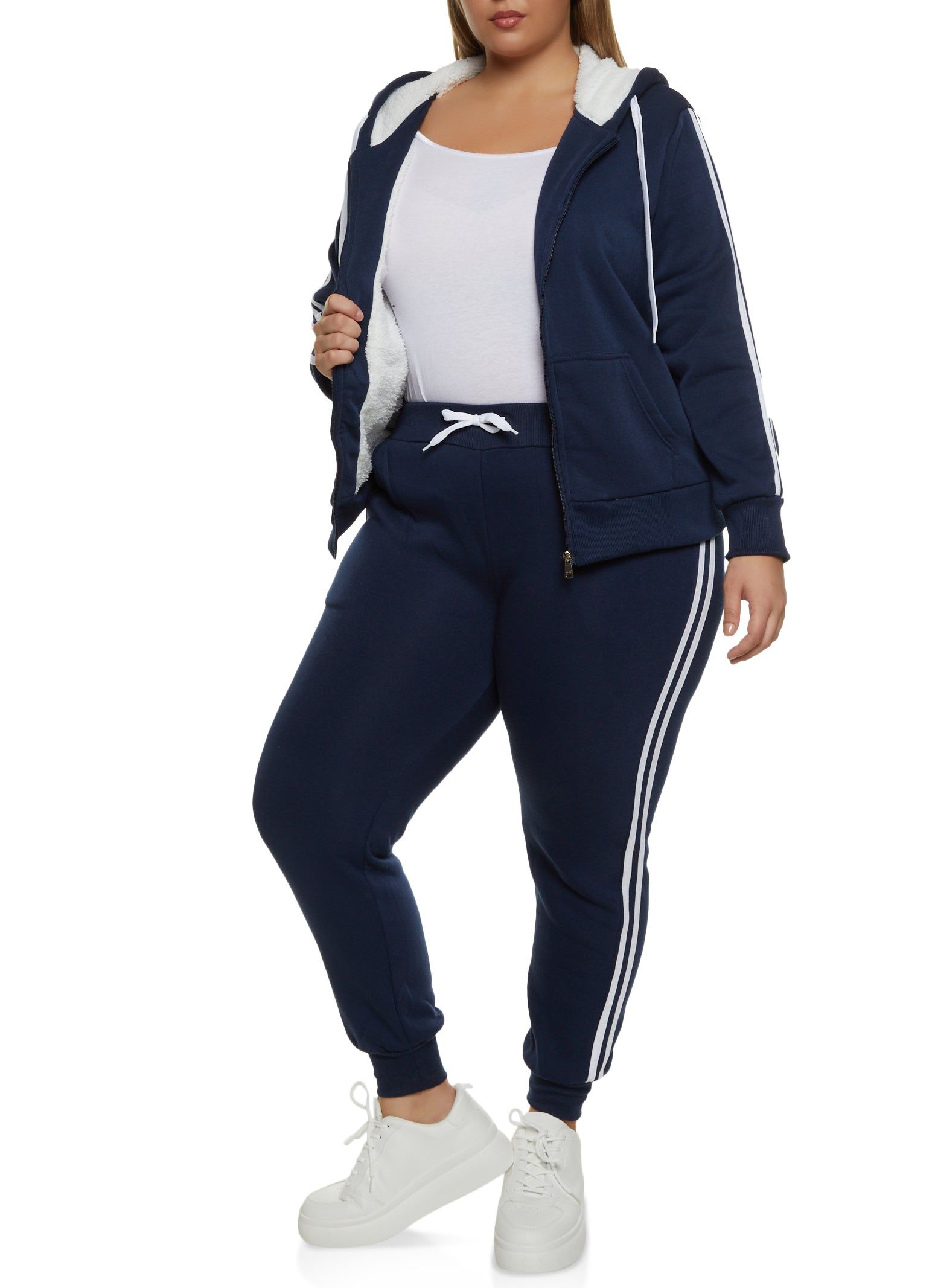 Plus Size Sherpa Lined Varsity Striped Sleeve Zip Hoodie sold by Rainbow product image thumbnail 2