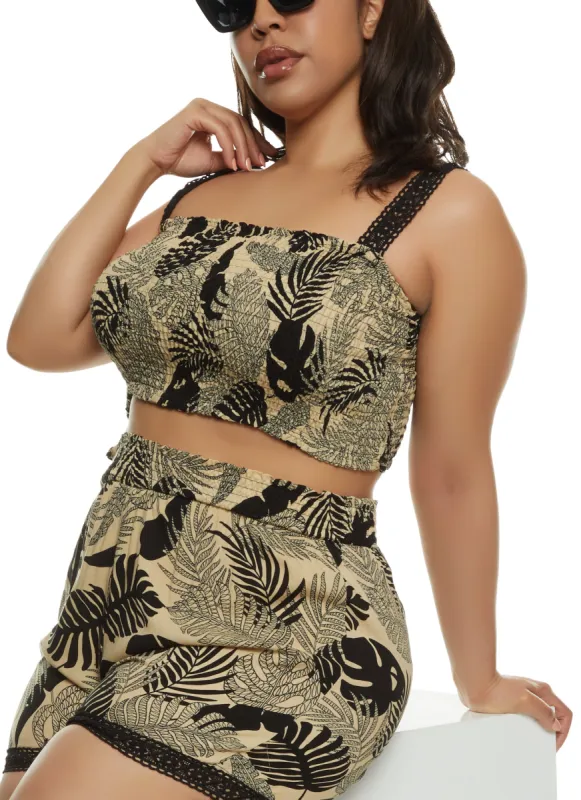 Plus Size Tropical Print Smocked Crop Top sold by Rainbow