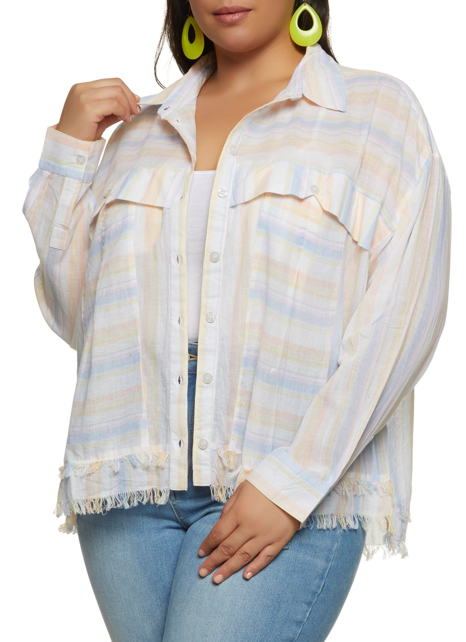 Plus Size Printed Frayed Hem Button Front Shirt sold by Rainbow
