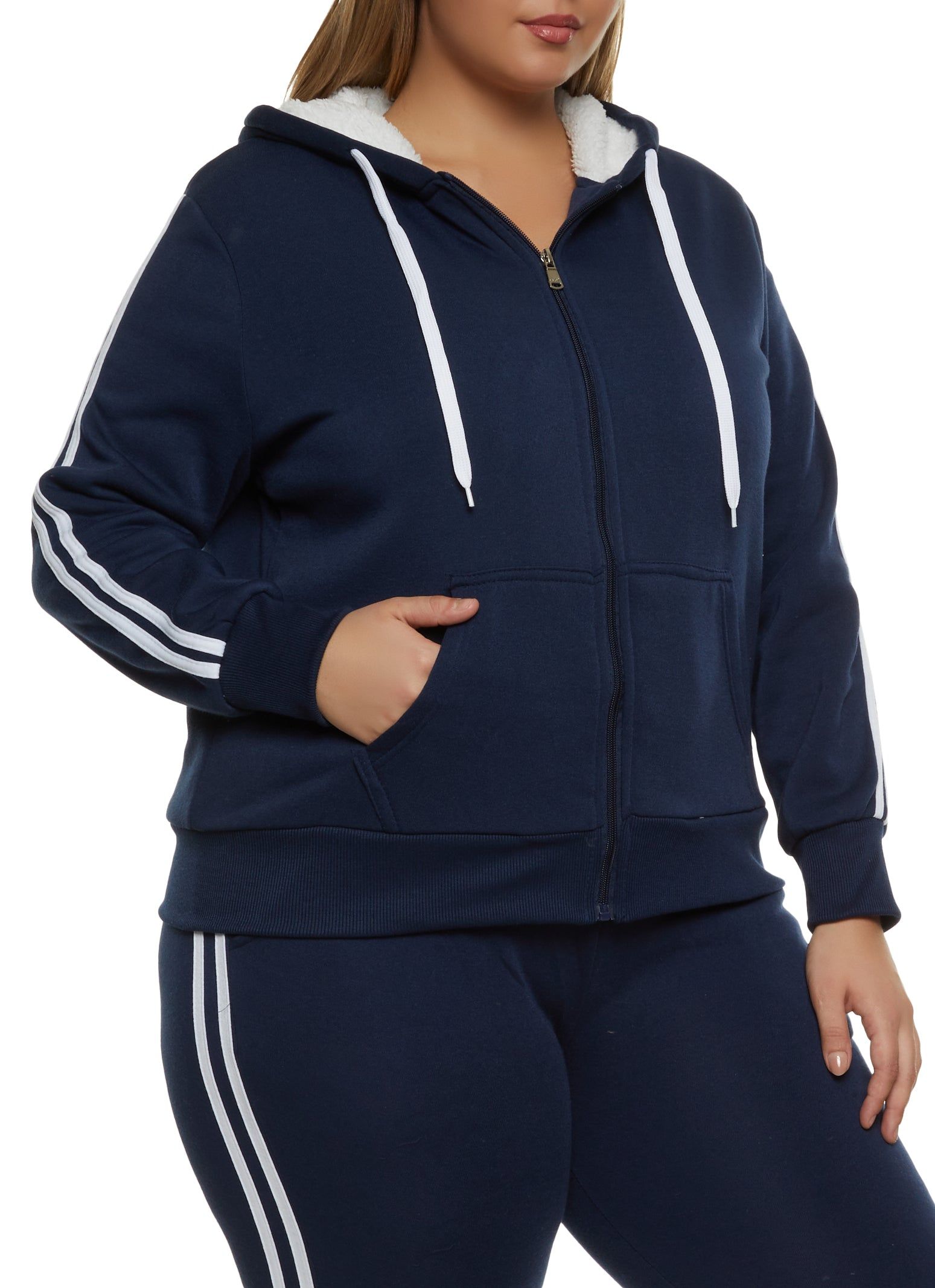 Plus Size Sherpa Lined Varsity Striped Sleeve Zip Hoodie sold by Rainbow
