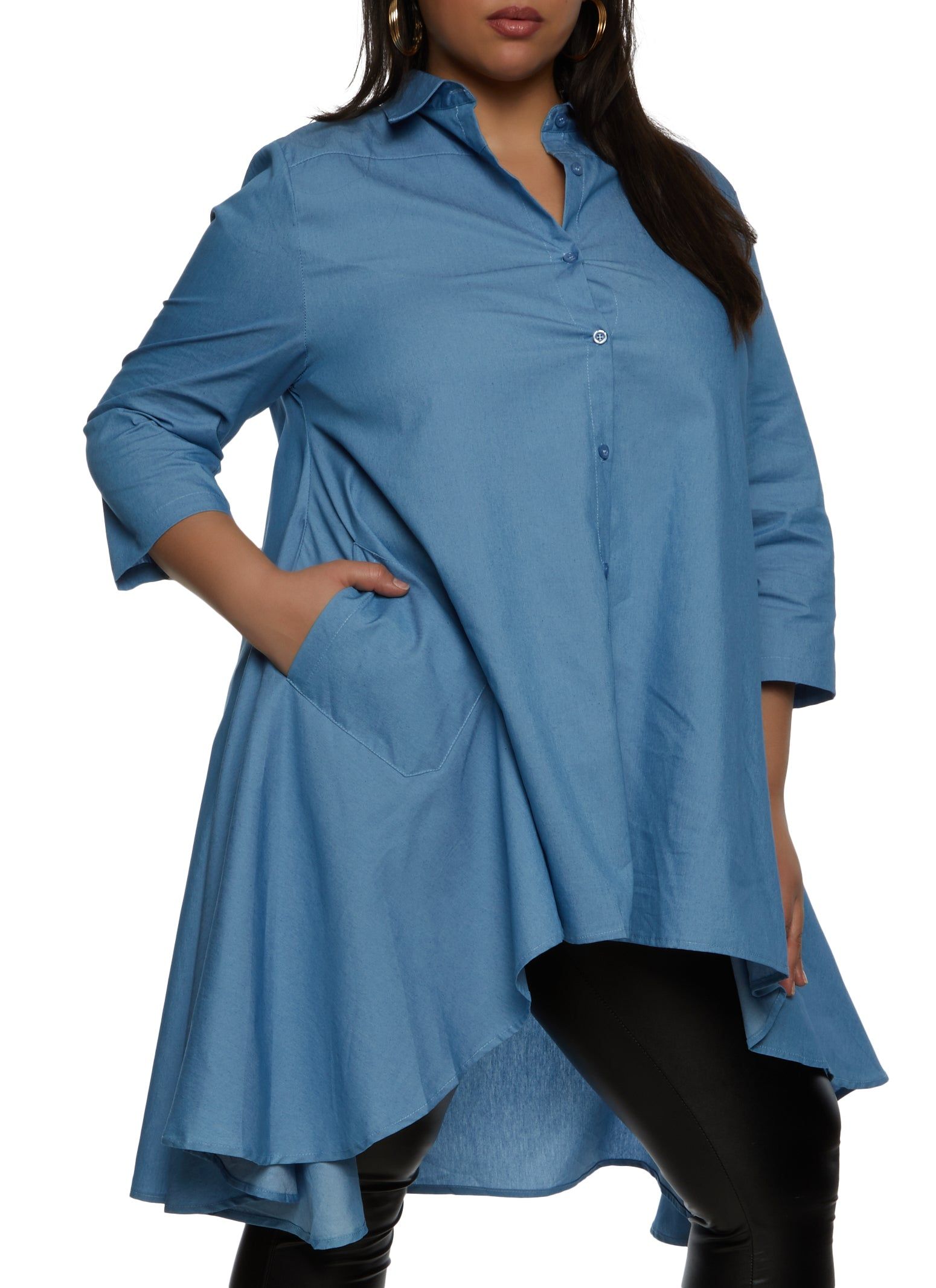Plus Size Denim Button Front High Low Shirt sold by Rainbow