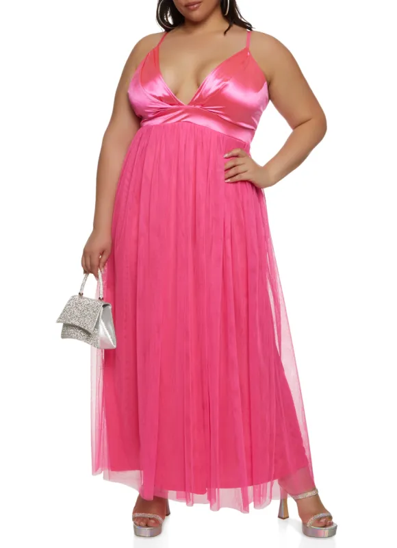 Plus Size Haute Monde Satin Plunge Tulle Maxi Dress sold by Rainbow