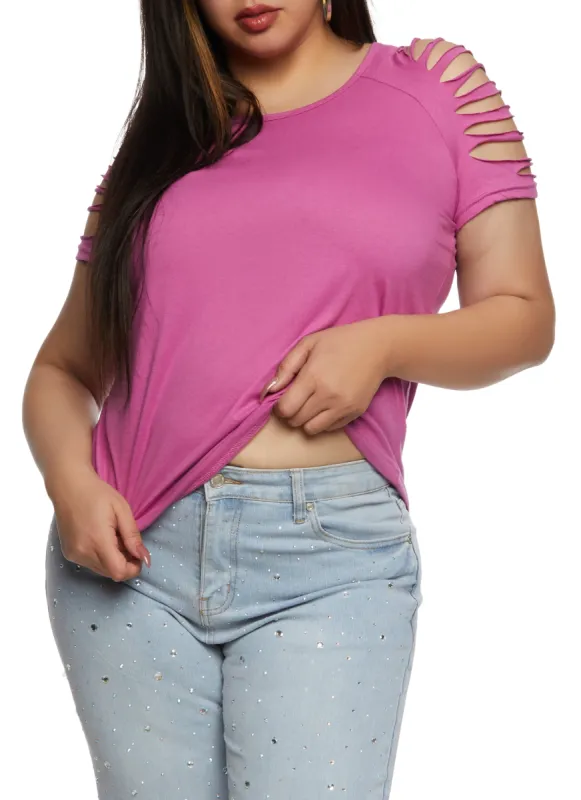 Plus Size Slashed Short Sleeve Tee sold by Rainbow