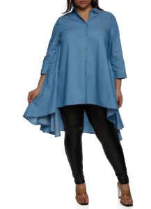 Plus Size Denim Button Front High Low Shirt sold by Rainbow