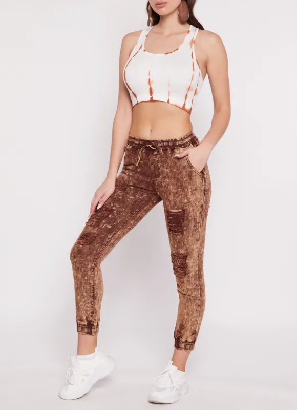 Tie Dye Acid Wash Distressed Denim Joggers sold by Rainbow