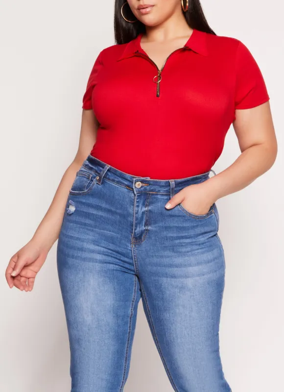 Plus Size Half Zip Collared Short Sleeve Top sold by Rainbow