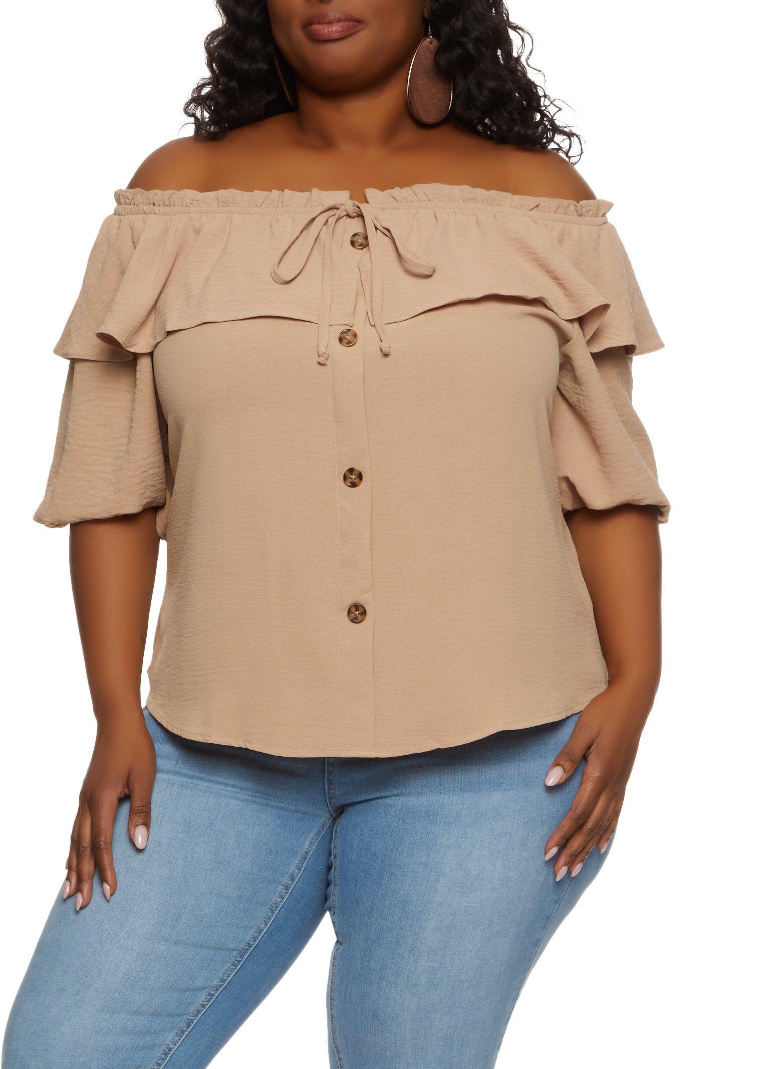 Plus Size Faux Button Front Off the Shoulder Top sold by Rainbow