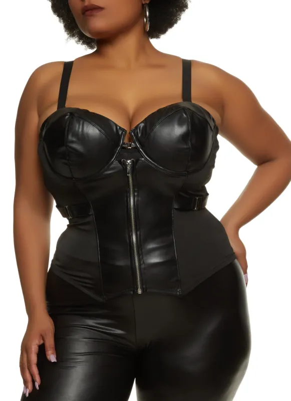 Plus Size Solid Faux Leather Zip Up Bustier Top sold by Rainbow