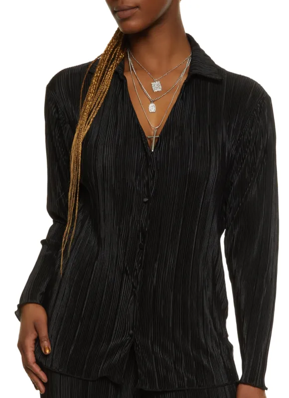 Plisse V Neck Button Front Top sold by Rainbow