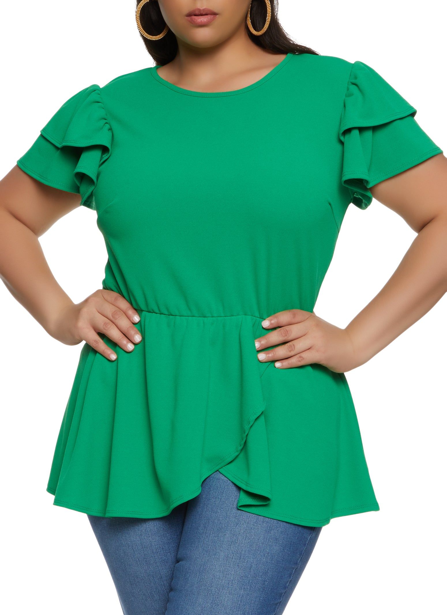 Plus Size Tiered Sleeve Ruffled Peplum Top sold by Rainbow