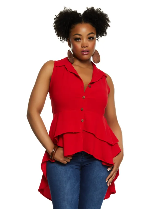 Plus Size Button Front High Low Sleeveless Blouse sold by Rainbow