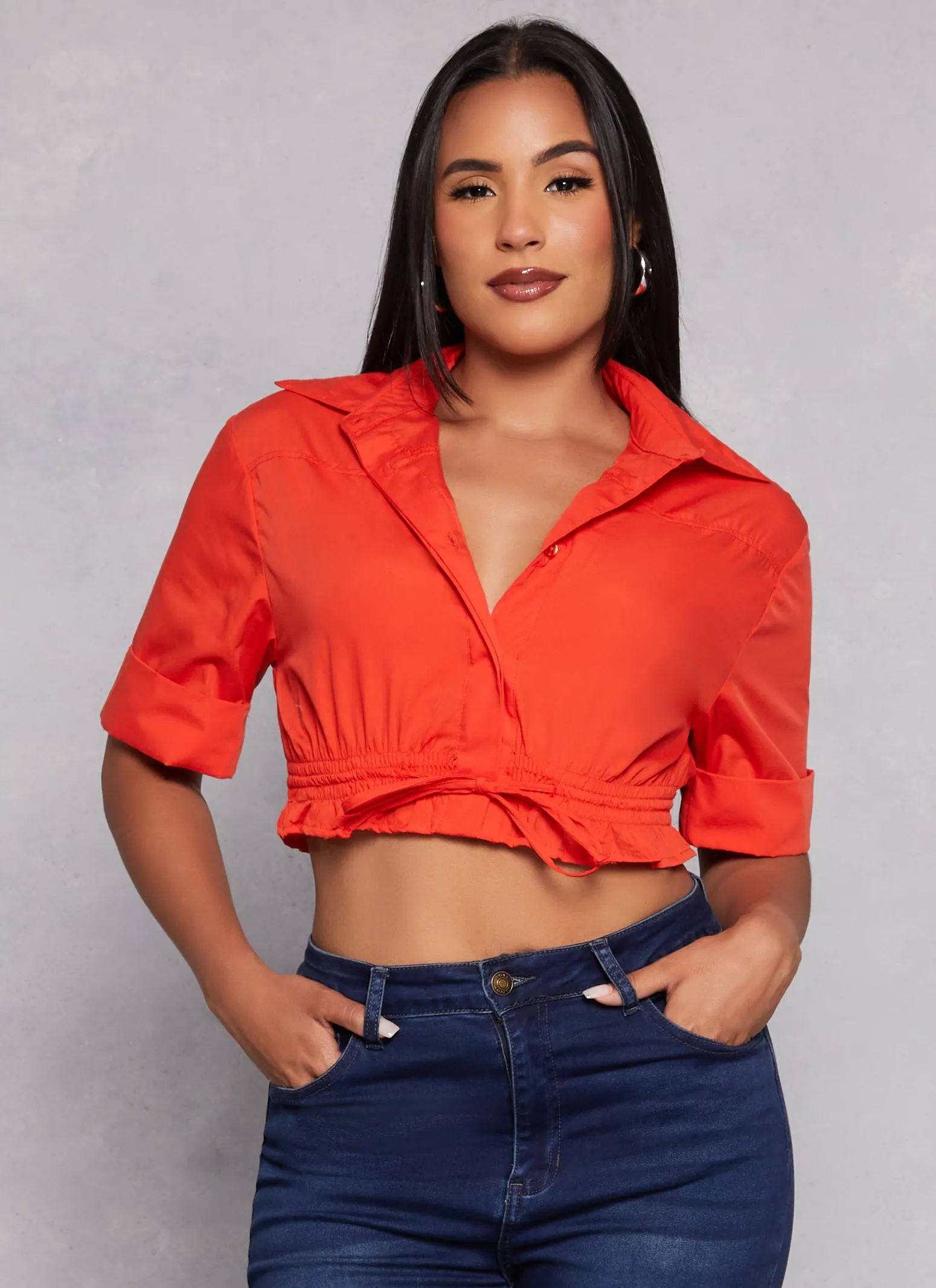 Poplin Button Front Drawstring Hem Shirt sold by Rainbow