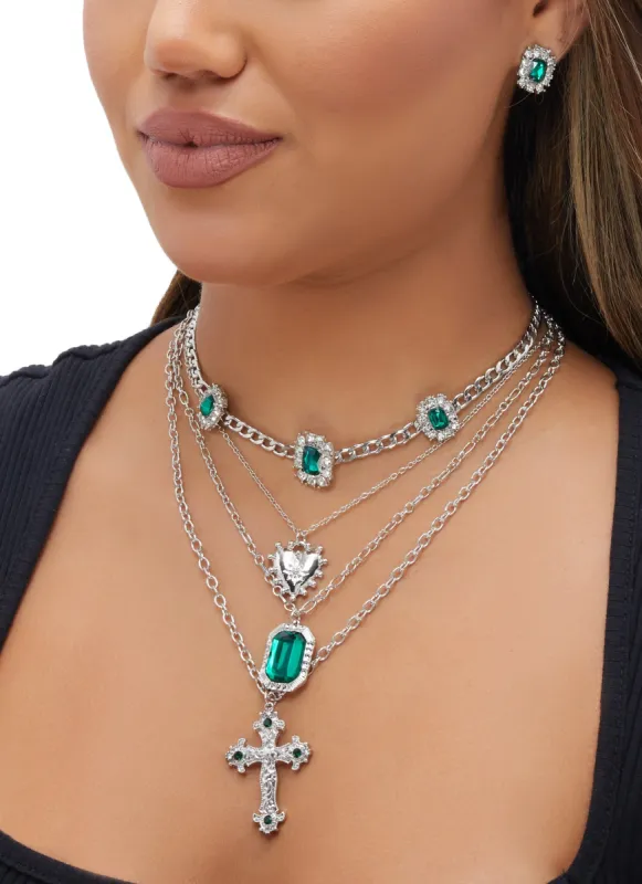 Rhinestone Gemstone Cross Layered Necklace and Stud Earrings sold by Rainbow