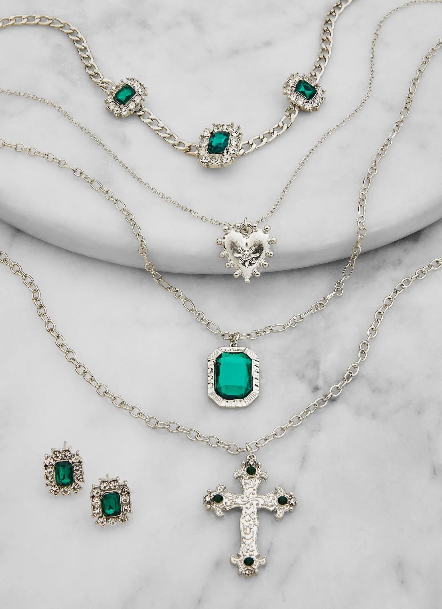 Rhinestone Gemstone Cross Layered Necklace and Stud Earrings sold by Rainbow product image thumbnail 2