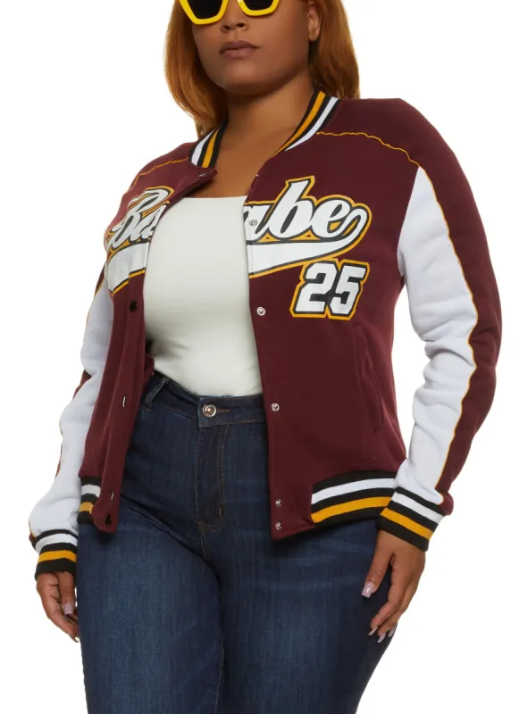 Plus Size Color Block Babe 25 Baseball Jacket sold by Rainbow