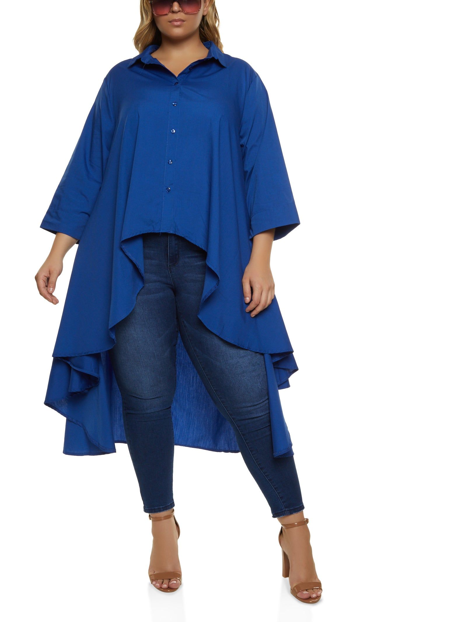 Plus Size Solid High Low Button Down Shirt sold by Rainbow