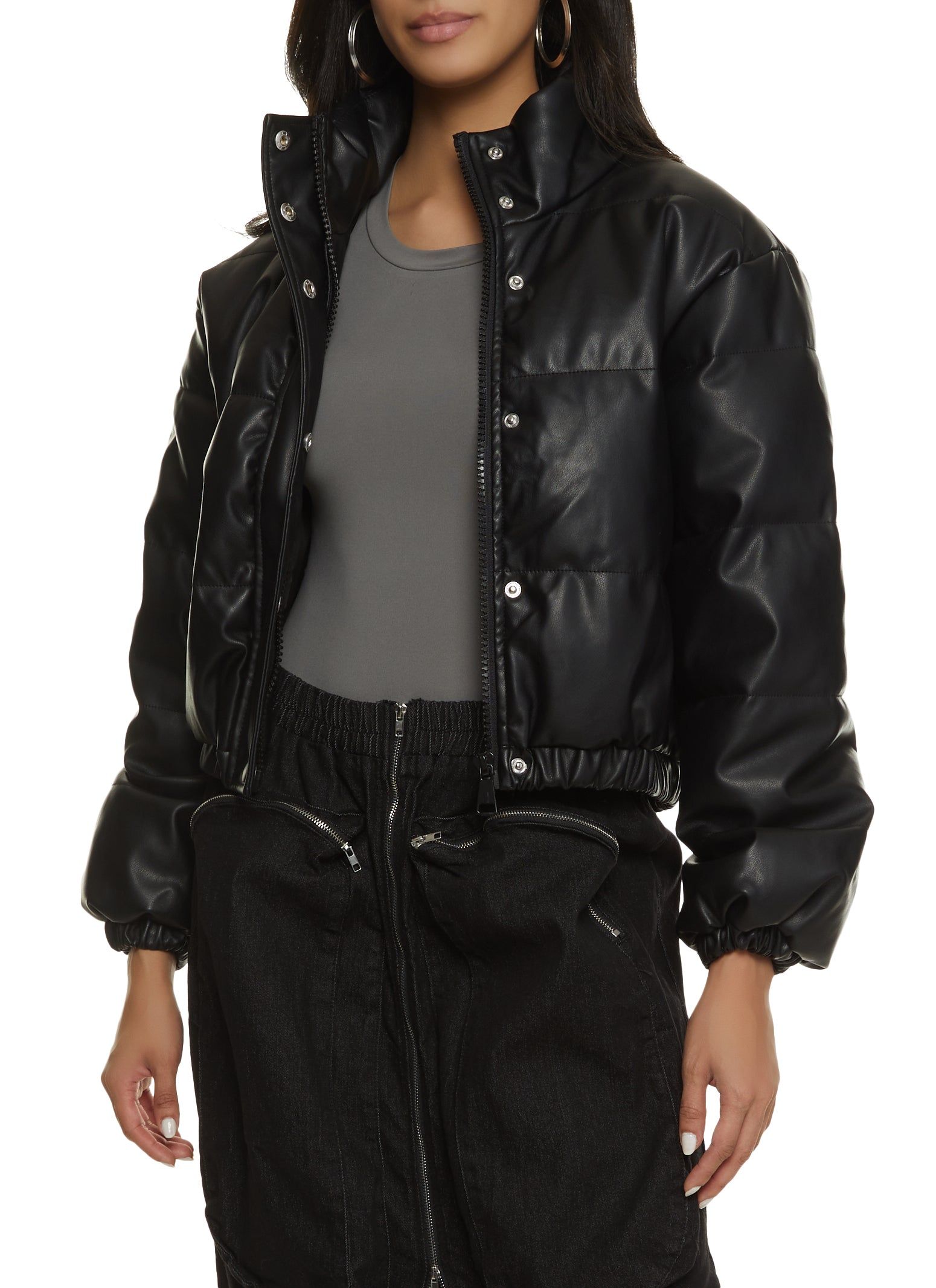 Faux Leather Mock Neck Puffer Jacket sold by Rainbow