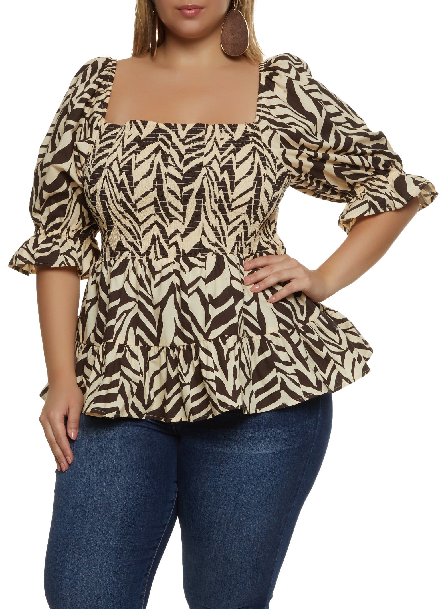 Plus Size Printed Smocked Puff Sleeve Top sold by Rainbow