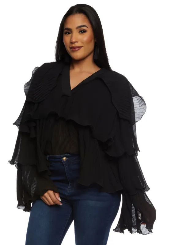 Plisse Ruffled Tiered Long Sleeve Blouse sold by Rainbow
